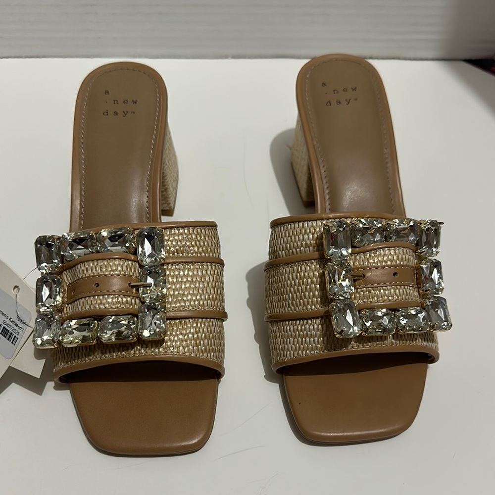 A New Day Brown Woven Mules with Rhinestone Buckle Size 7